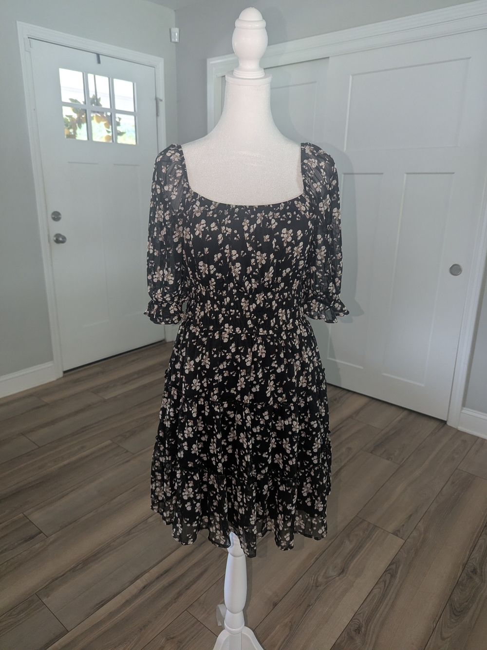 Trixxi Black Midi Dress with Cream Floral Print